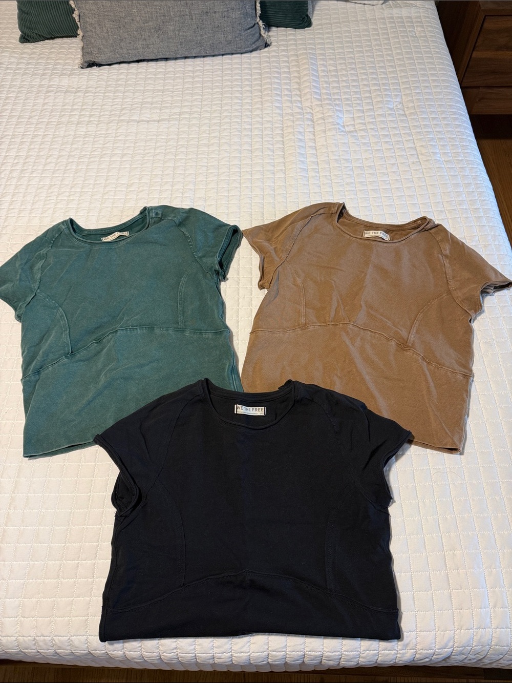 Free People Trio of Cropped Seam-Panel Tees in Black, Teal, and Camel